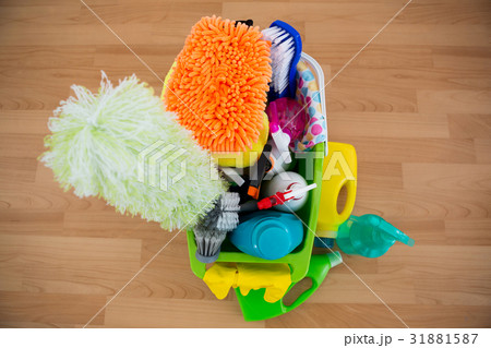High angle view of duster and cleaning equipment in bucket High angle view of duster and cleaning equipment in bucket 31881587