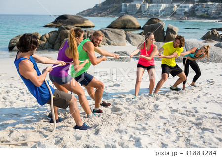 Friends playing tug of war on shore at beach Friends playing tug of war on shore at beach 31883284