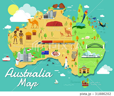 Australia Map With Colorful Landmarks Illustrationのイラスト素材 3162