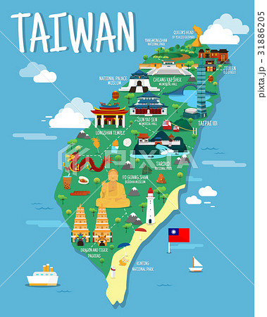 Taiwan Map With Colorfaul Landmarks Illustrationのイラスト素材 3165