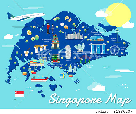 Singapore Map With Colorful Landmarks Illustrationのイラスト素材