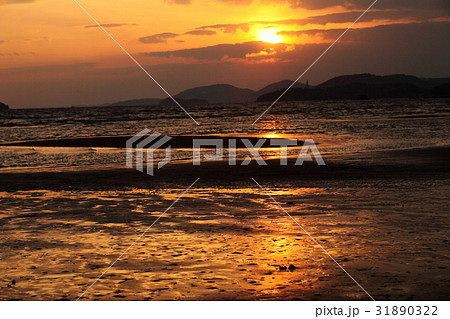 夕日を浴びる新舞子浜の砂紋 31890322