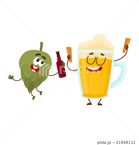 Funny beer glass and hop characters having fun Funny beer glass and hop characters having fun 31898112