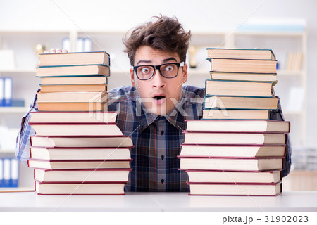 Nerd funny student preparing for university exams - Stock Photo [31902023]  - PIXTA