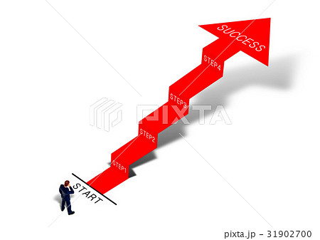 ステップアップ 矢印の階段とビジネスマンのイラスト素材