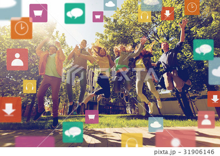 happy teenage students or friends jumping outdoors 31906146