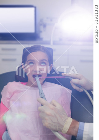 Dentist examining a young patient with tools 31911383