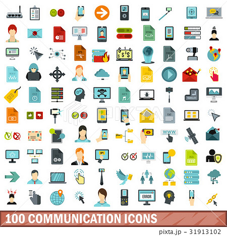 100 communication icons set, flat style 31913102