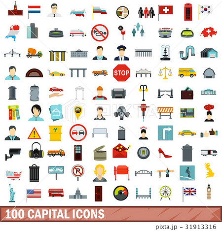 100 capital icons set, flat style 31913316