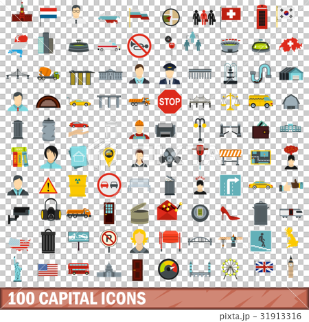 100 capital icons set, flat style 31913316