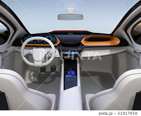 自動運転ev車のインパネのイメージ 木目調のトレイにワイヤレス充電ユニット搭載 オリジナルデザイン のイラスト素材