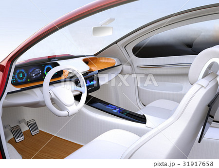 自動運転EV車のインパネのイメージ。木目調のトレイにワイヤレス充電ユニット搭載。オリジナルデザイン。 31917658