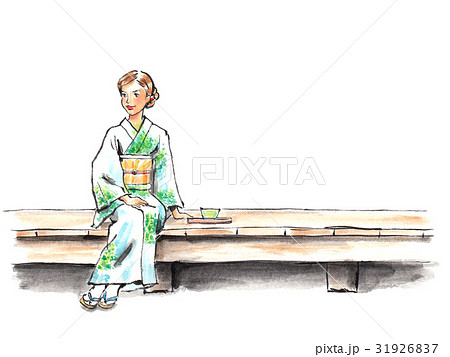 着物で縁側に座る女性1のイラスト素材