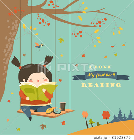 Cute girl swinging and reading a book in autumn 31928379