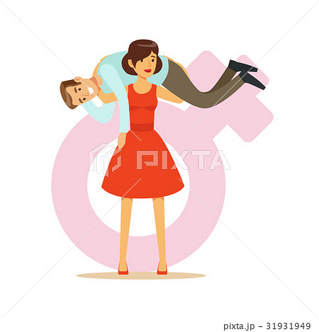 Woman In A Red Dress Holding Man On Her Shouldersのイラスト素材