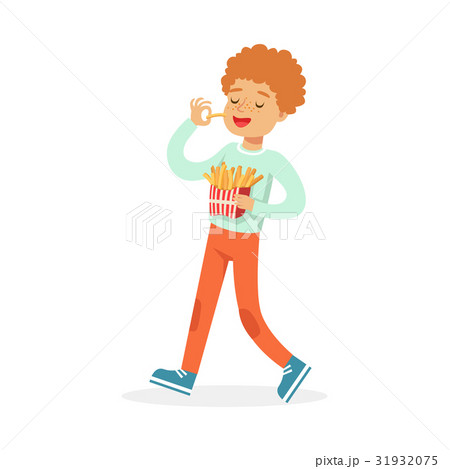 Cute happy boy eating french fries, colorful Cute happy boy eating french fries, colorful 31932075