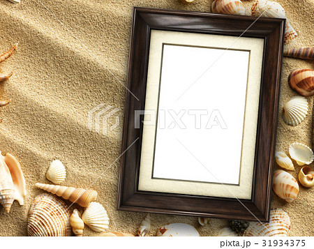 Picture frame on shells and sand background Picture frame on shells and sand background 31934375