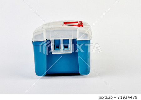 Blue fishing tackle box isolated. 31934479