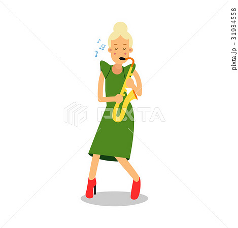 Young woman in green dress playing sax cartoon 31934558