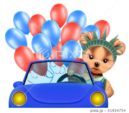 Funny dog holding USA flag. Concept of 4th of July 31934754