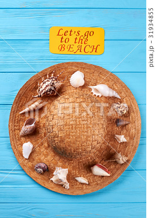 Vacation background, hat, sea shells. Vacation background, hat, sea shells. 31934855