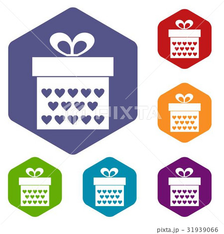 Gift box with ribbon bow icons set hexagon 31939066