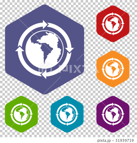Round arrows around world planet icons set hexagon 31939719