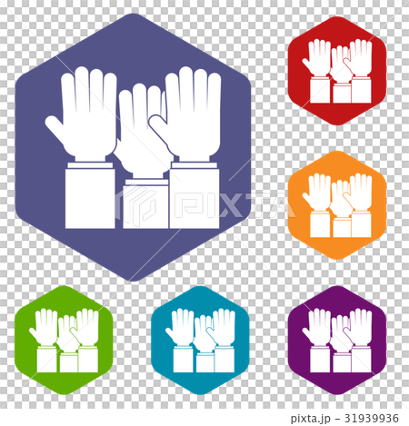 Different people hands raised up icons set hexagon Different people hands raised up icons set hexagon 31939936