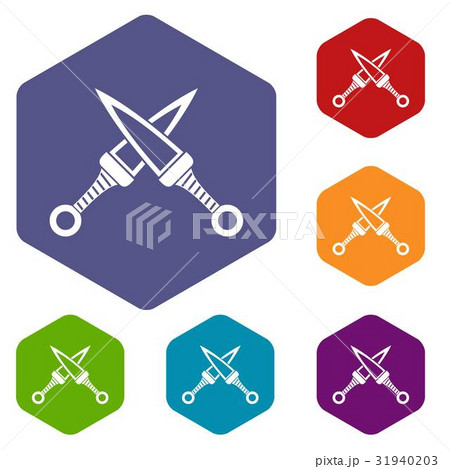 Crossed japanese daggers icons set hexagon 31940203
