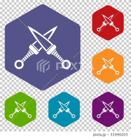 Crossed japanese daggers icons set hexagon 31940203