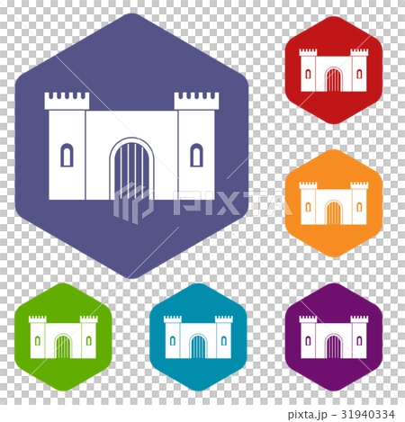 Fortress with gate icons set hexagon 31940334