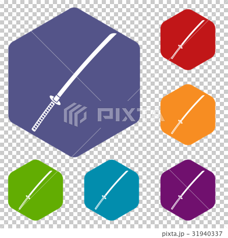 Japanese katana icons set hexagon 31940337