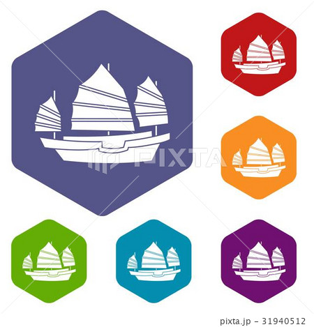 Junk boat icons set hexagon 31940512