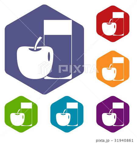 Glass of drink and apple icons set hexagon Glass of drink and apple icons set hexagon 31940861