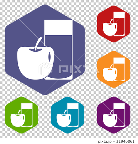 Glass of drink and apple icons set hexagon Glass of drink and apple icons set hexagon 31940861