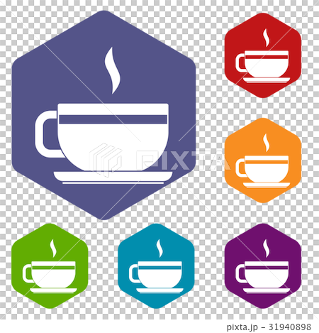 Tea cup and saucer icons set hexagon 31940898