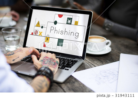 Hands working on laptop network graphic overlay 31943111