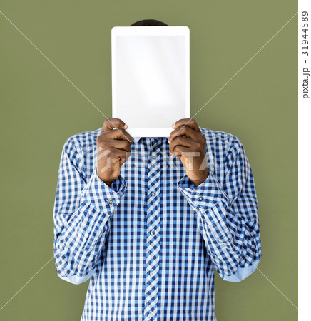 Man with Hands Hold Digital Tablet Copy Space 31944589