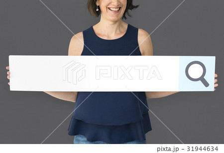 Happiness woman holding searching banner studio portrait 31944634