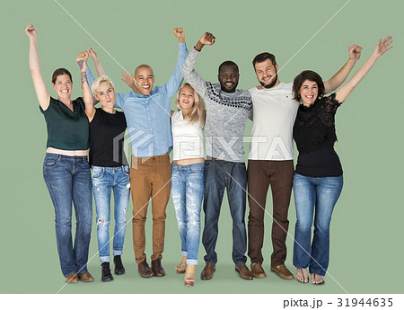 Happiness group of people huddle and arms raised smiling together 31944635