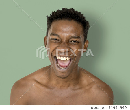 Happiness african man smiling bare chest studio portrait 31944949