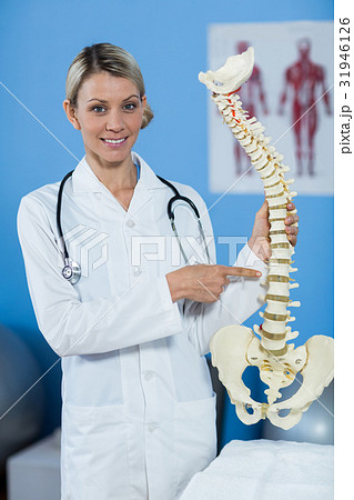 Portrait of physiotherapist holding spine model 31946126