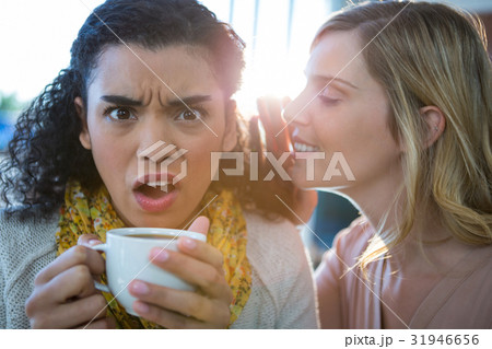 Woman whispering a secret into her friends ear while having coffee 31946656
