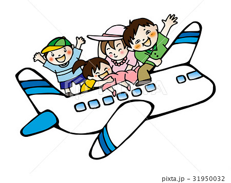 飛行機に乗って 楽しい家族旅行 のイラスト素材