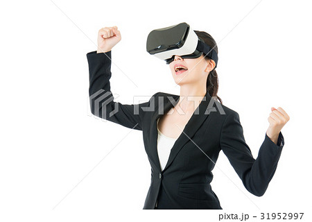 Successful asian woman arms up with VR headset Successful asian woman arms up with VR headset 31952997
