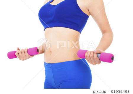 Woman's body part with fitness dumbell over white Woman's body part with fitness dumbell over white 31956493