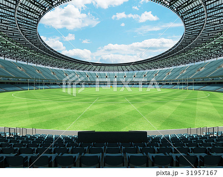 Australian football stadium with sky blue seats 31957167
