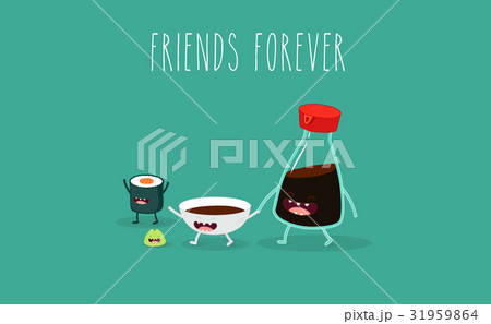 Funny sushi set. Bottle of sake, sushi, rice, soy 31959864