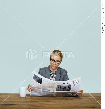 Businesswoman Reading Newspaper Information Coffee Cup Businesswoman Reading Newspaper Information Coffee Cup 31970173