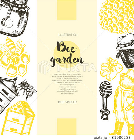 Bee Garden - color drawn vintage banner template. 31980253